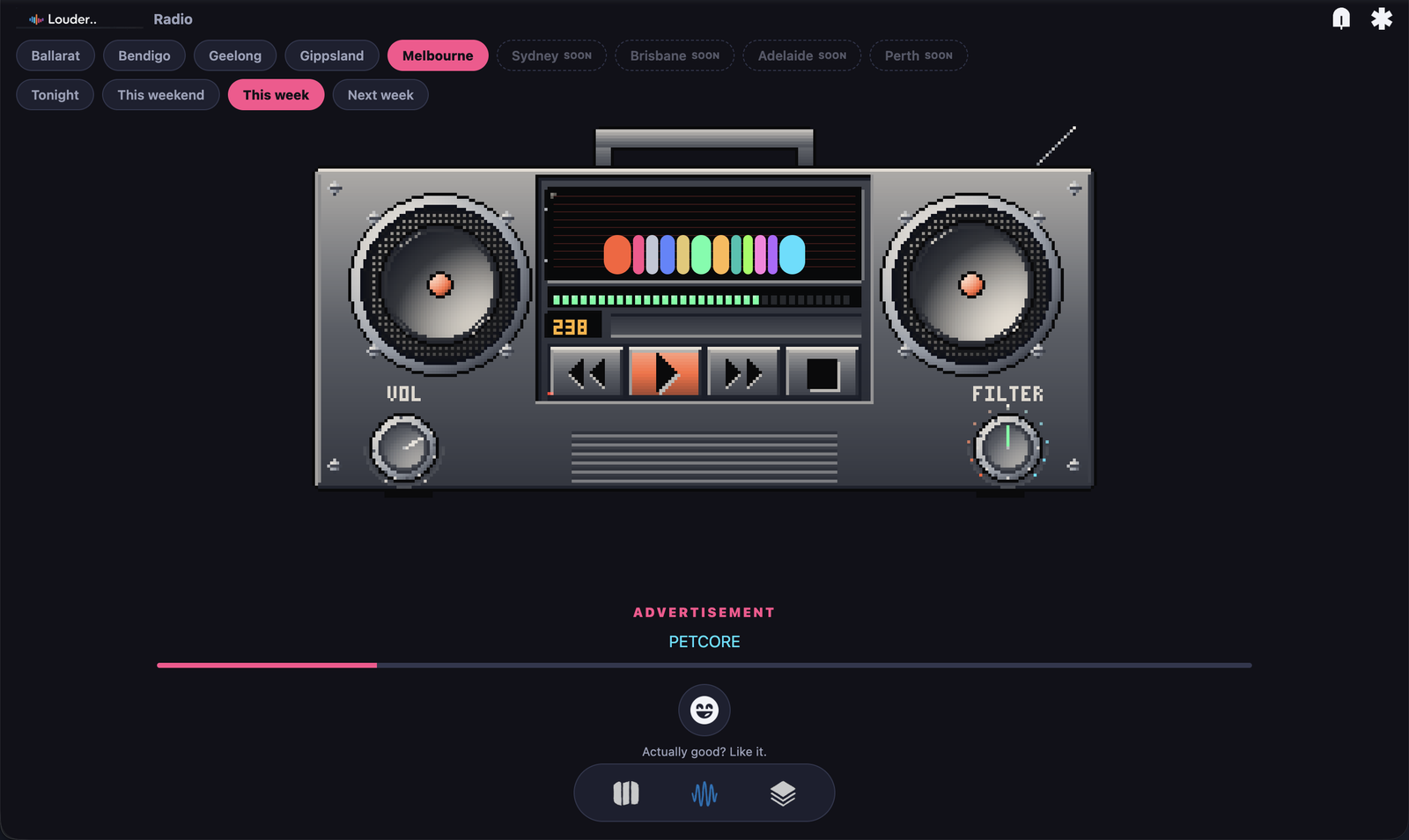 Louder Radio playing an advertisement, showing the ADVERTISEMENT tag, a progress bar and a like button