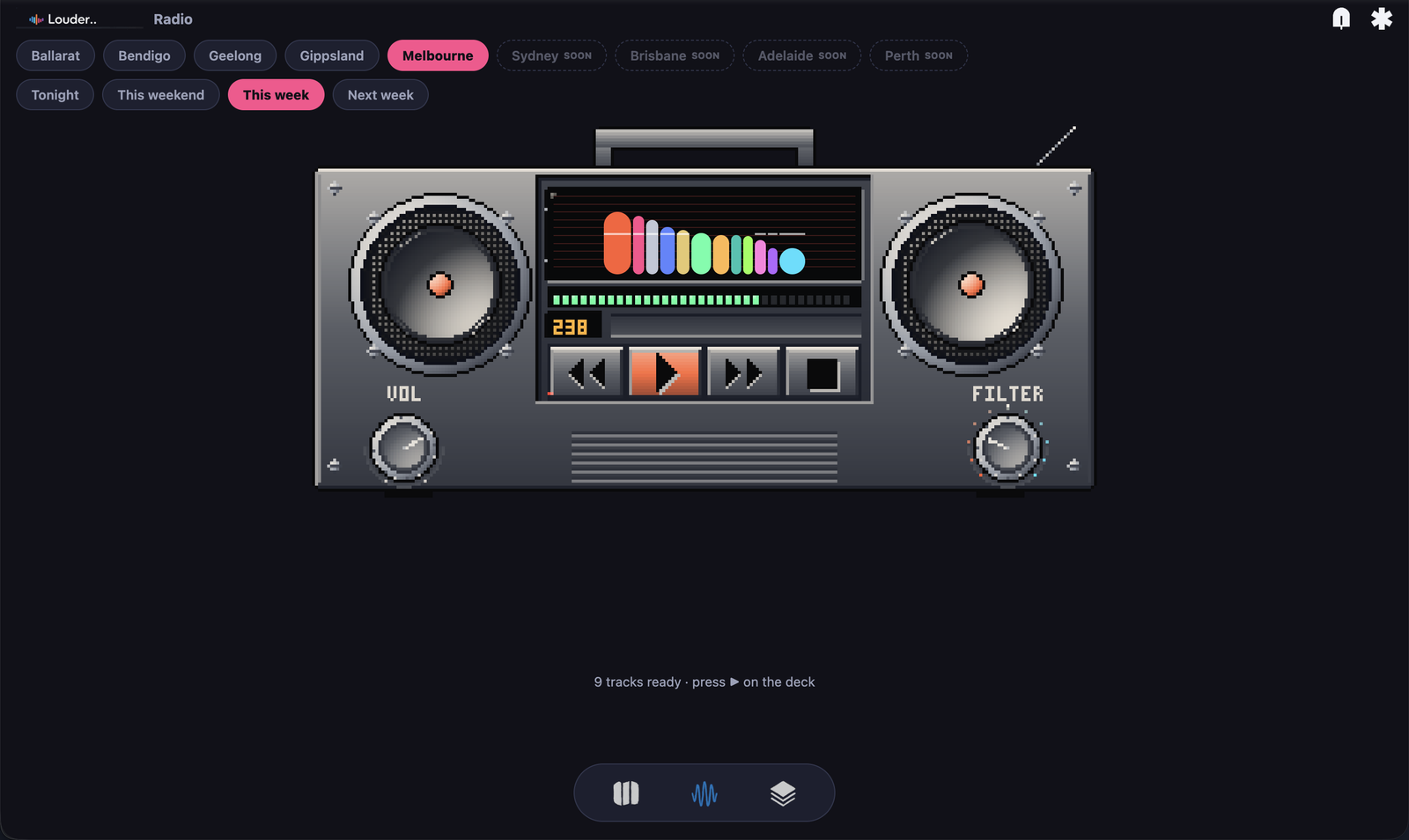The Louder Radio boombox with the genre filter knob turned toward one end of the mix