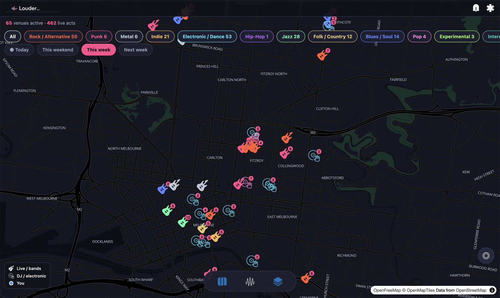 The Louder map showing live gigs across Melbourne for the coming week